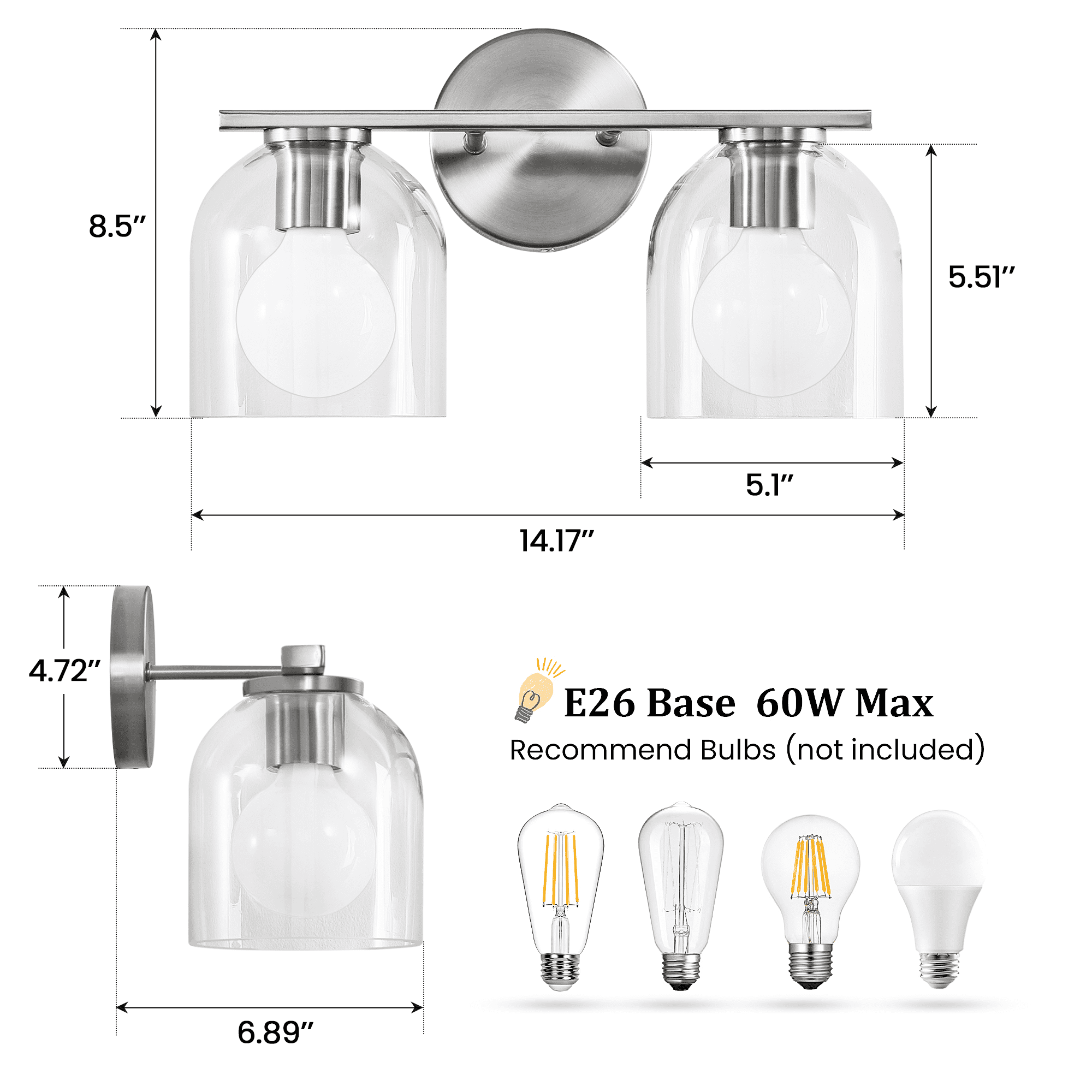 Modern Bathroom Light Fixtures, 2 Light Vanity Lights Over Mirror, Brushed Nickel Wall Lamp with Clear Glass Shade for Living Room Cabinet Bedroom Porch