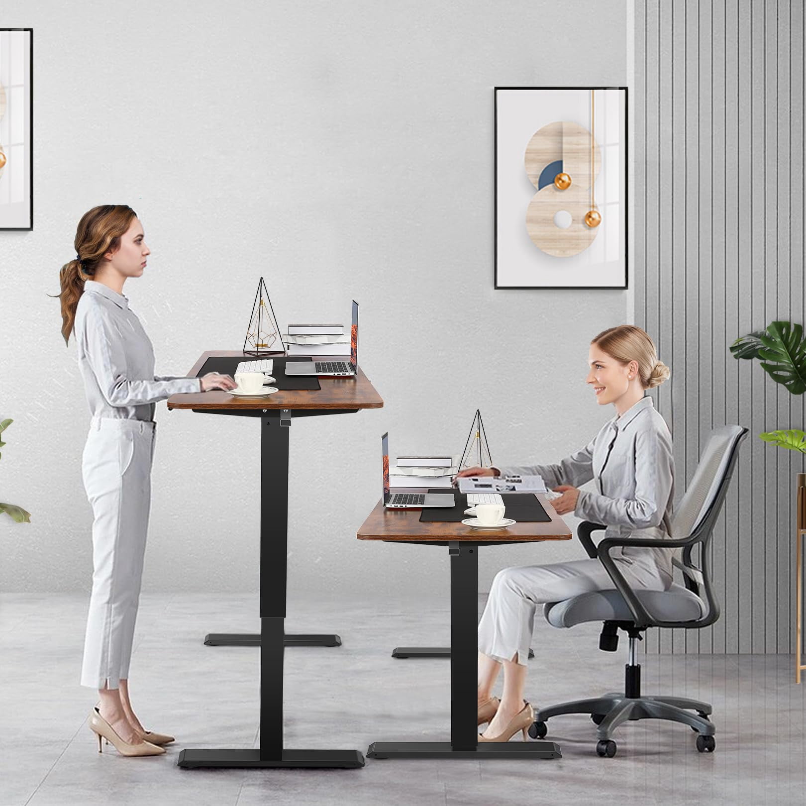 Legooin 70"W Ultra-Wide Electric Standing Desk with Power Strip, Rolling Gaming Desk with Height Adjustment 28"-46" for Home Office Gaming Room, Brown