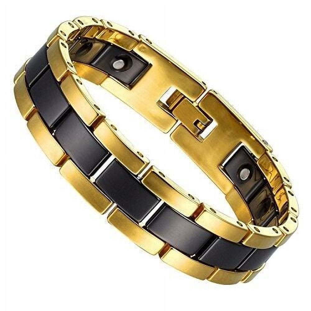8.25" Mens Gold & Black Bracelet Two-Tone Tungsten Ceramic & Magnets and Fancy Box.