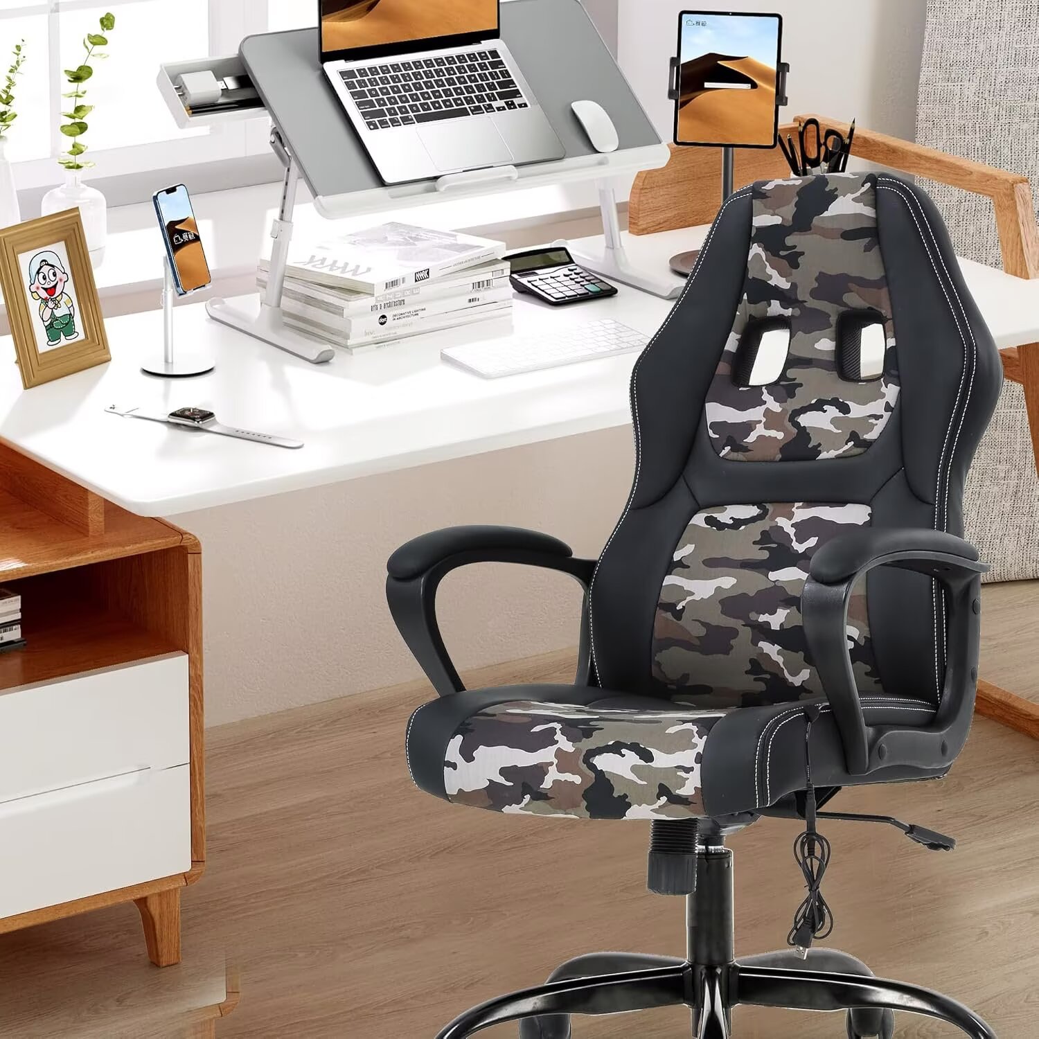 YRLLENSDAN Adjustable Gaming Chair Ergonomic Leather with Massager, Rolling Home Office Desk Chairs With Armrest and Lumber Support, Comfortable Computer Chair with Wheels for Adults, CAMO
