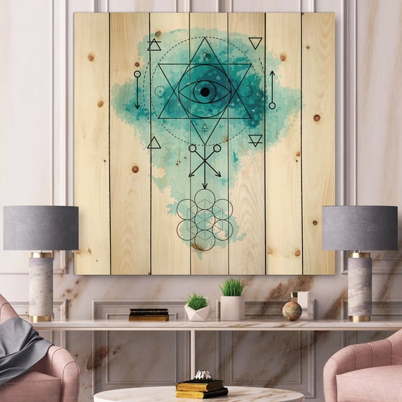 Designart 'Sacred Geometry and Symbol of Alchemy II' Bohemian & Eclectic Print on Natural Pine Wood
