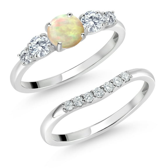 Gem Stone King 10K White Gold White Ethiopian Opal and White Lab Grown Diamond 5 Stone Bridal Engagement Wedding Ring Set for Women (0.61 Cttw, Round Cabochon: 5MM and 3MM, Size 6)