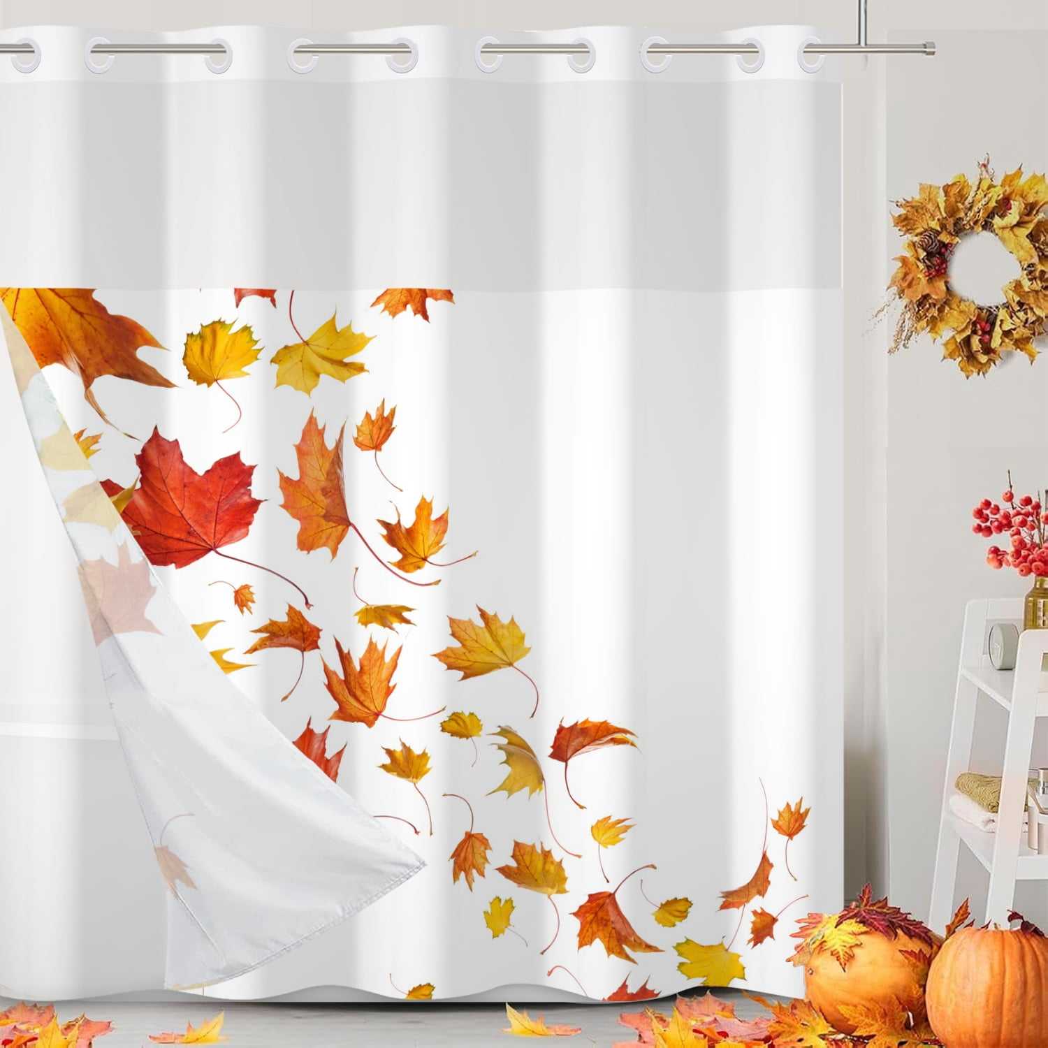 MIZHONA Fall Thanksgiving Shower Curtain with Snap in Liner,Maple Leaves No Hook Fabric Bathroom Curtain,71"× 86"