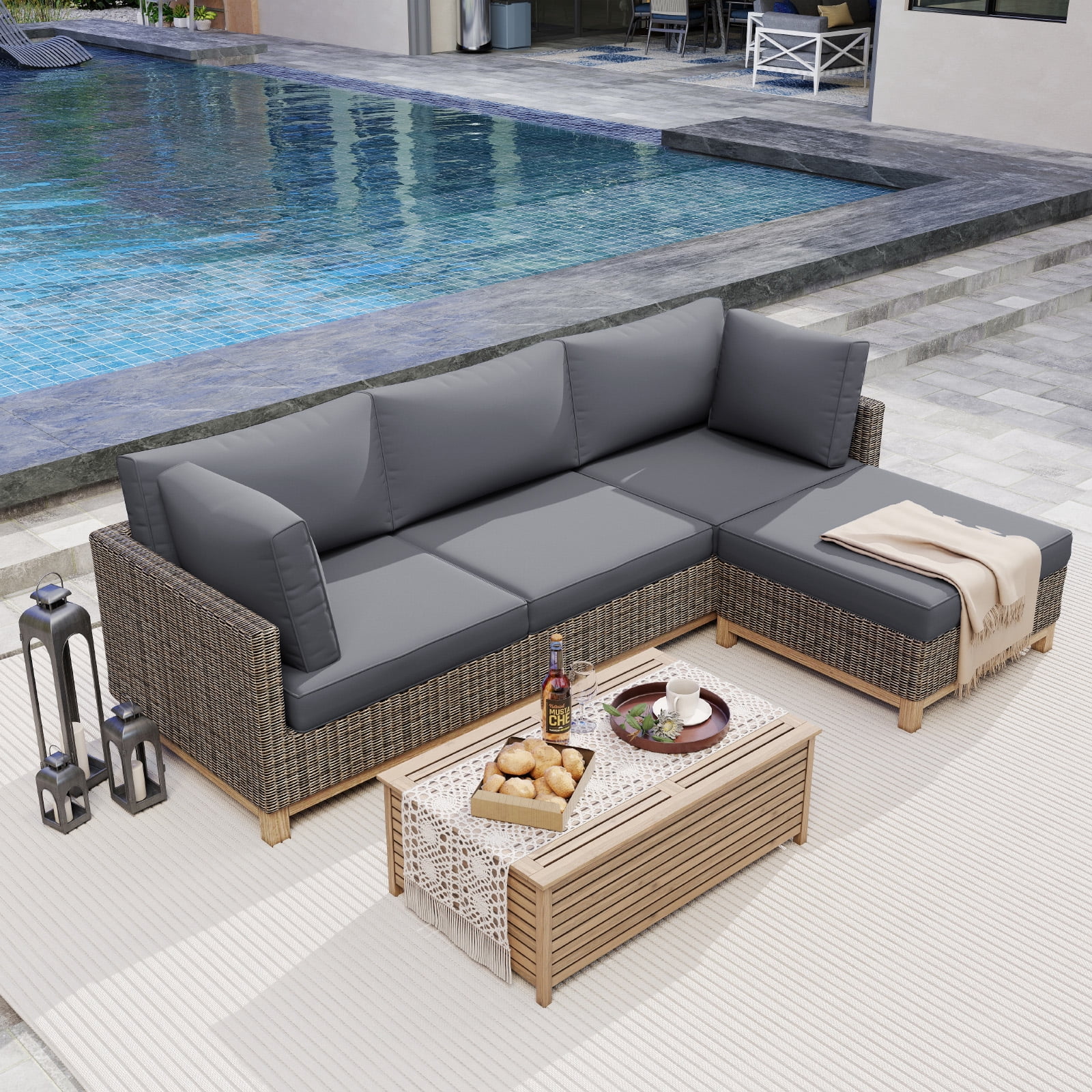 4 inch Outdoor Cushions for Patio Furniture with 5 Pillows, Patio Furniture Cushions,Water-Resistant Outdoor Couch Cushions,4 Seat Sofa Cushions for Outdoor Sectional,Grey