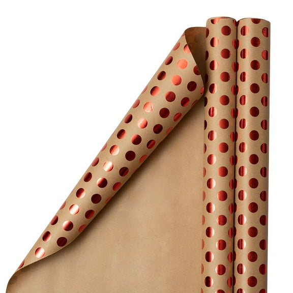 JAM Paper Brown Paper Christmas Kraft Gift Wrap Papers, with Red Dots (2 Rolls) 50 Sq ft.