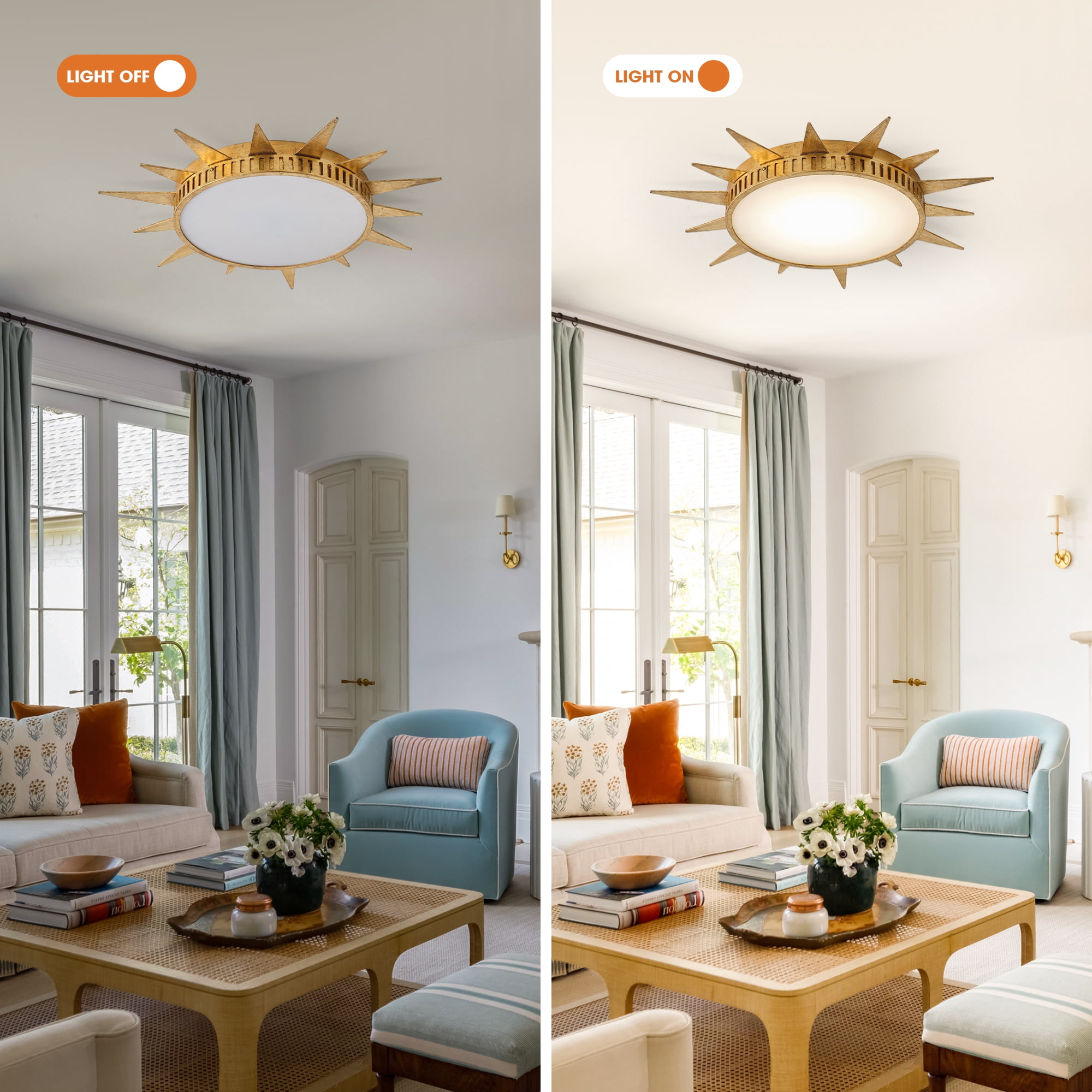 Parrot Uncle 25" Distressed Gold Sunburst 3CCT LED Flush Mount Ceiling Light, Low-Profile Lighting