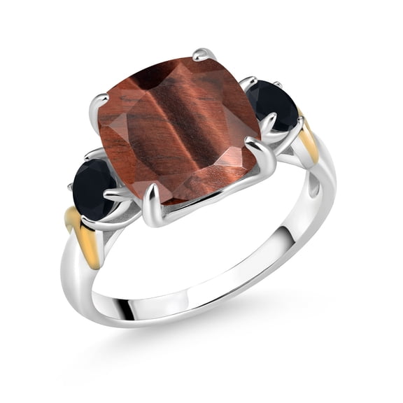 Gem Stone King 925 Silver and 10K Yellow Gold Red Tiger Eye and Black Onyx 3 Stone Ring for Women (3.94 Cttw, Gemstone Birthstone, Cushion 10MM, Round 4MM, Size 8)