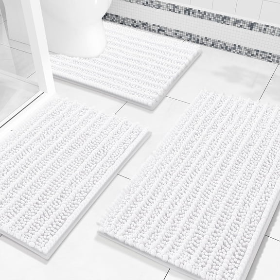 Chenille Bathroom Rugs Set 3 Piece, Extra Soft Absorbent Shaggy Bath Mat and U-Shaped Contour Toilet Rug, Non-Slip Machine Wash Dry Bath Mats Set for Bathroom, Shower, Sink and Tub, White