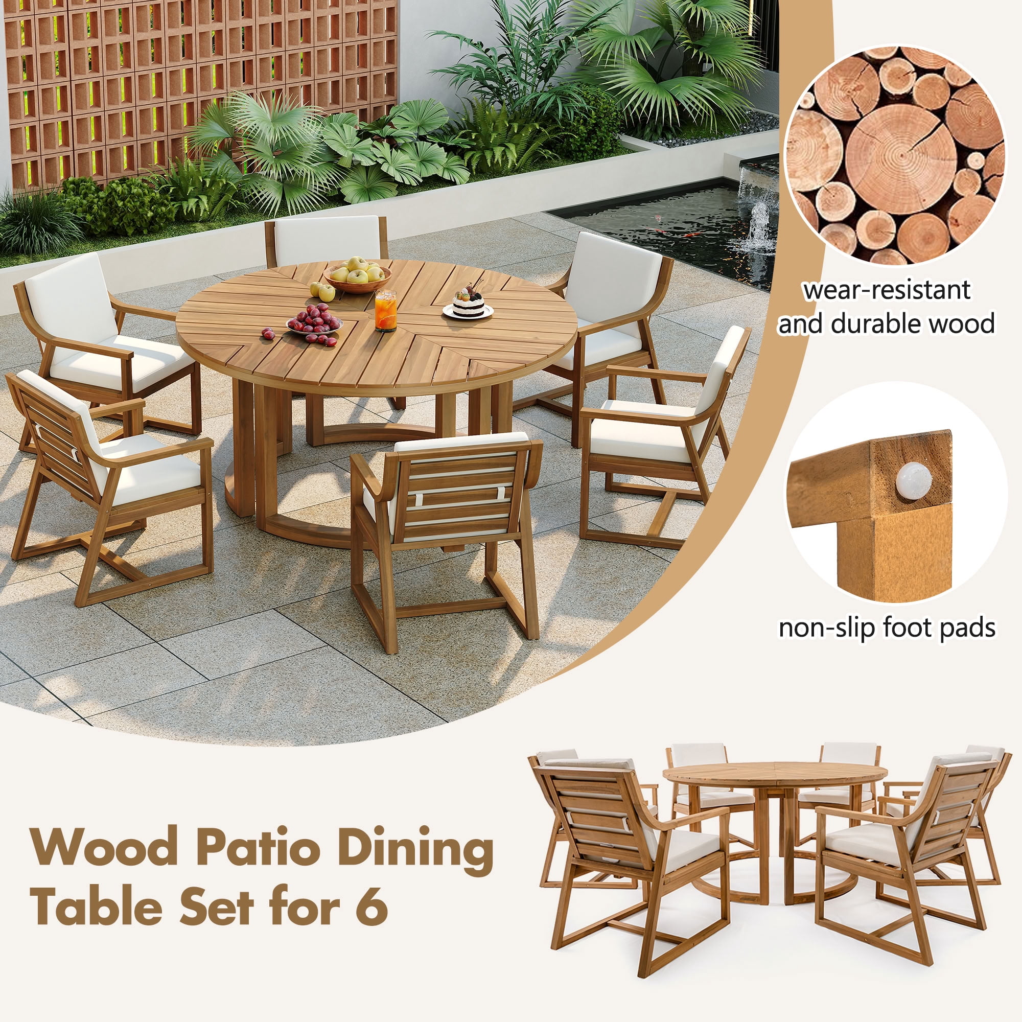MAYEERTY Patio Dining Table Set for 6, Outdoor Wooden Patio Furniture Set with Removable Cushions & Umbrella Hole for Pools