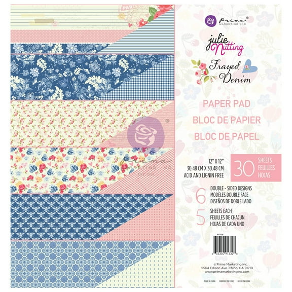Prima Marketing Double-Sided Paper Pad 12"X12" 30/Pkg-Julie Nutting Frayed Denim, 6 Des/5 Ea