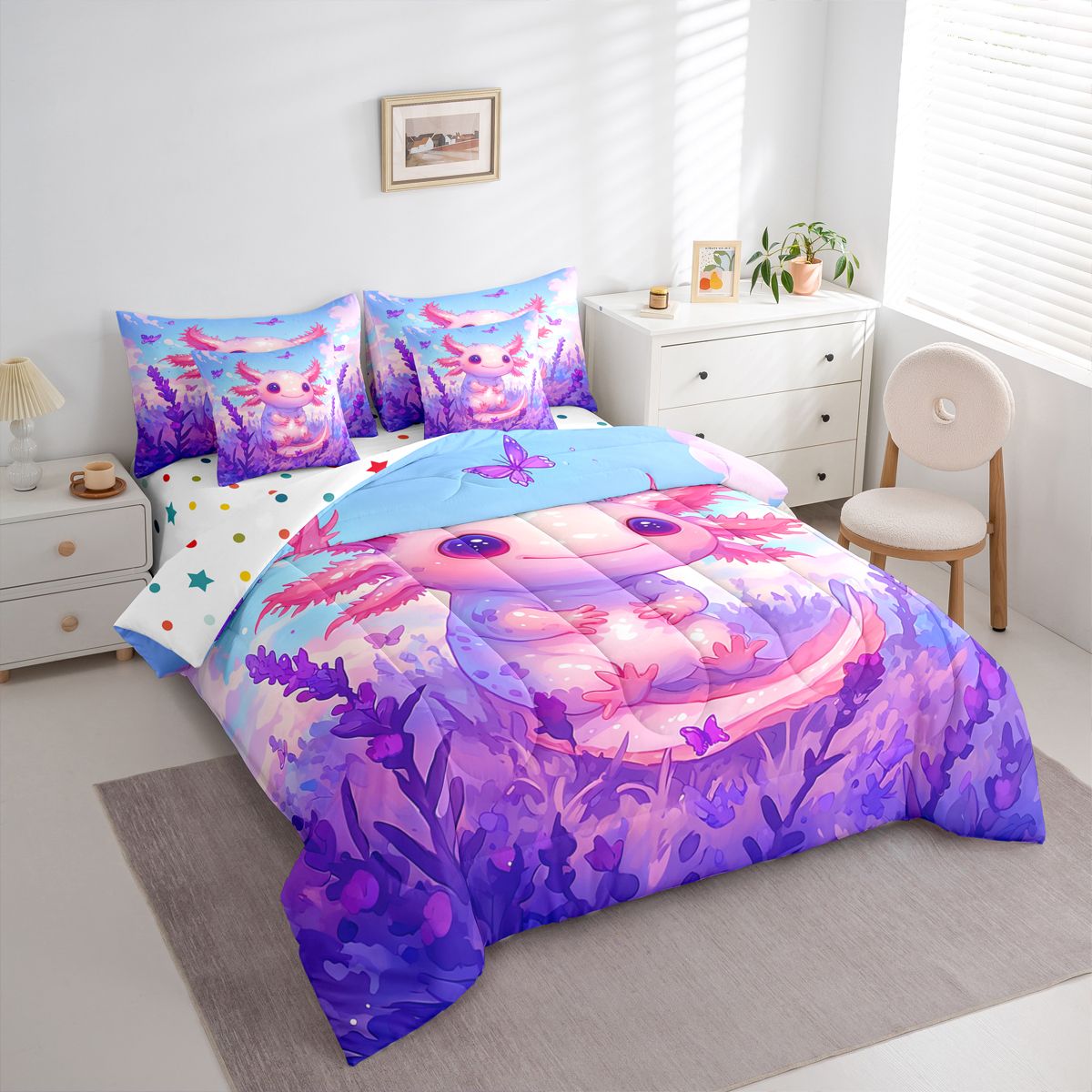 Homewish Cute Cartoon Axolotl 7 Pieces Bedding Comforter Set,Flower Butterflies Pattern Full Bedding Set,Purple Floral Pink Salamander Fitted Sheet Flat Sheet For Girl,Luxury Bedroom Decor Reversible