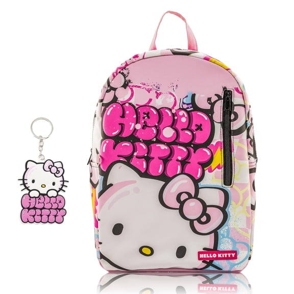 Sanrio Hello Kitty Backpack for Teens 16" Saffiano Leather School Bookbag with Rubber Luggage Tag Hello Kitty Backpack Purse for Girls, Boys, Unisex Officially Licensed