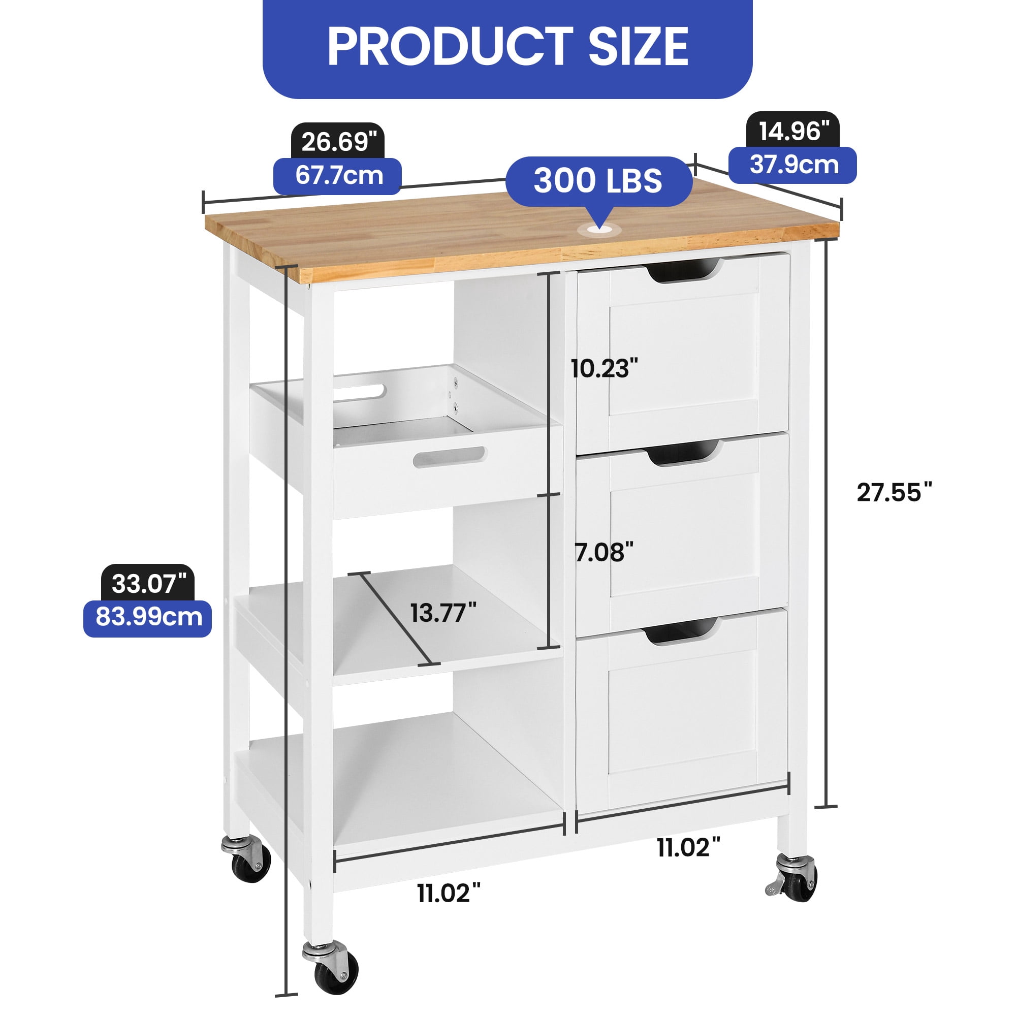 ModFusion 33” Rolling Kitchen Island Cart, 3 Drawers, 3-Tier Storage, Portable Utility Cart for Home & Dining Room