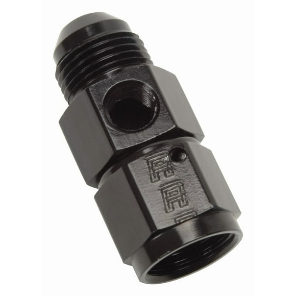 Russell Automotive Fuel Pressure Gauge Fitting 670343 6AN Male To 6AN Female; Straight; 1/8 Inch Side Port; Anodized; Black; Aluminum; Single