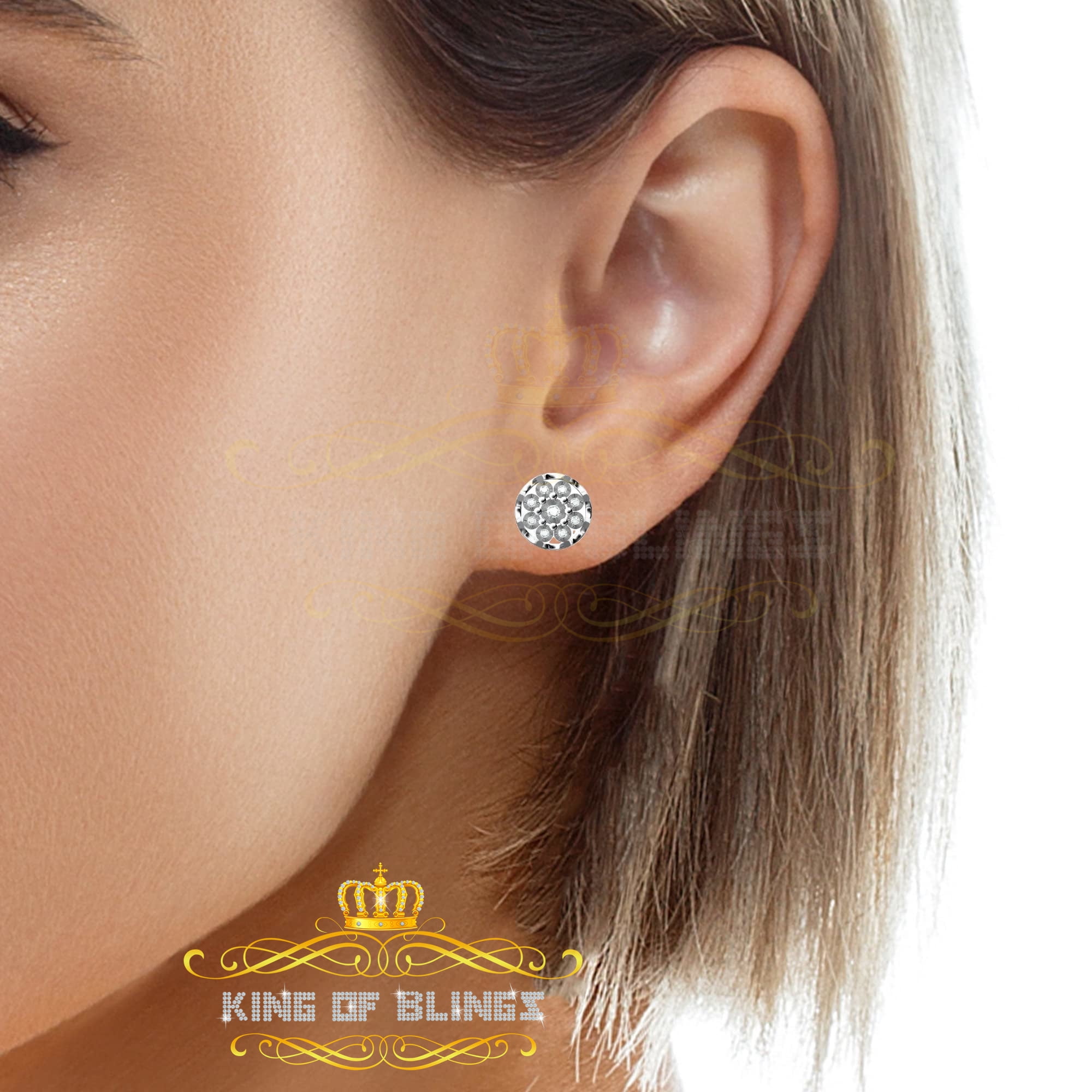 King of Bling's 925 Sterling Silver White 0.10ct Diamond For Men's/Women's Stud Floral Earrings