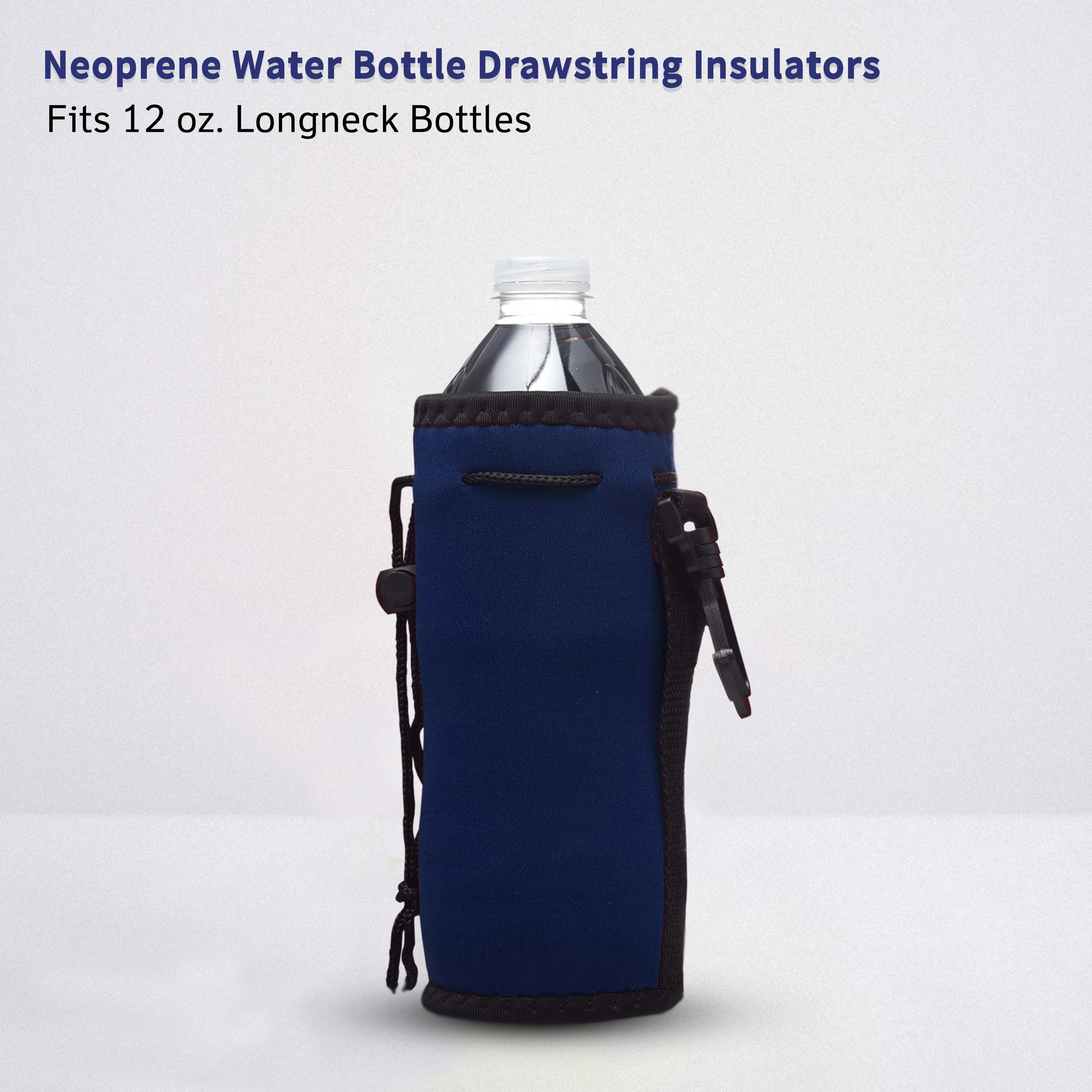 10 Neoprene Water Bottle Drawstring Insulators Pack - 12 oz. Longneck, Hook - Navy Blue