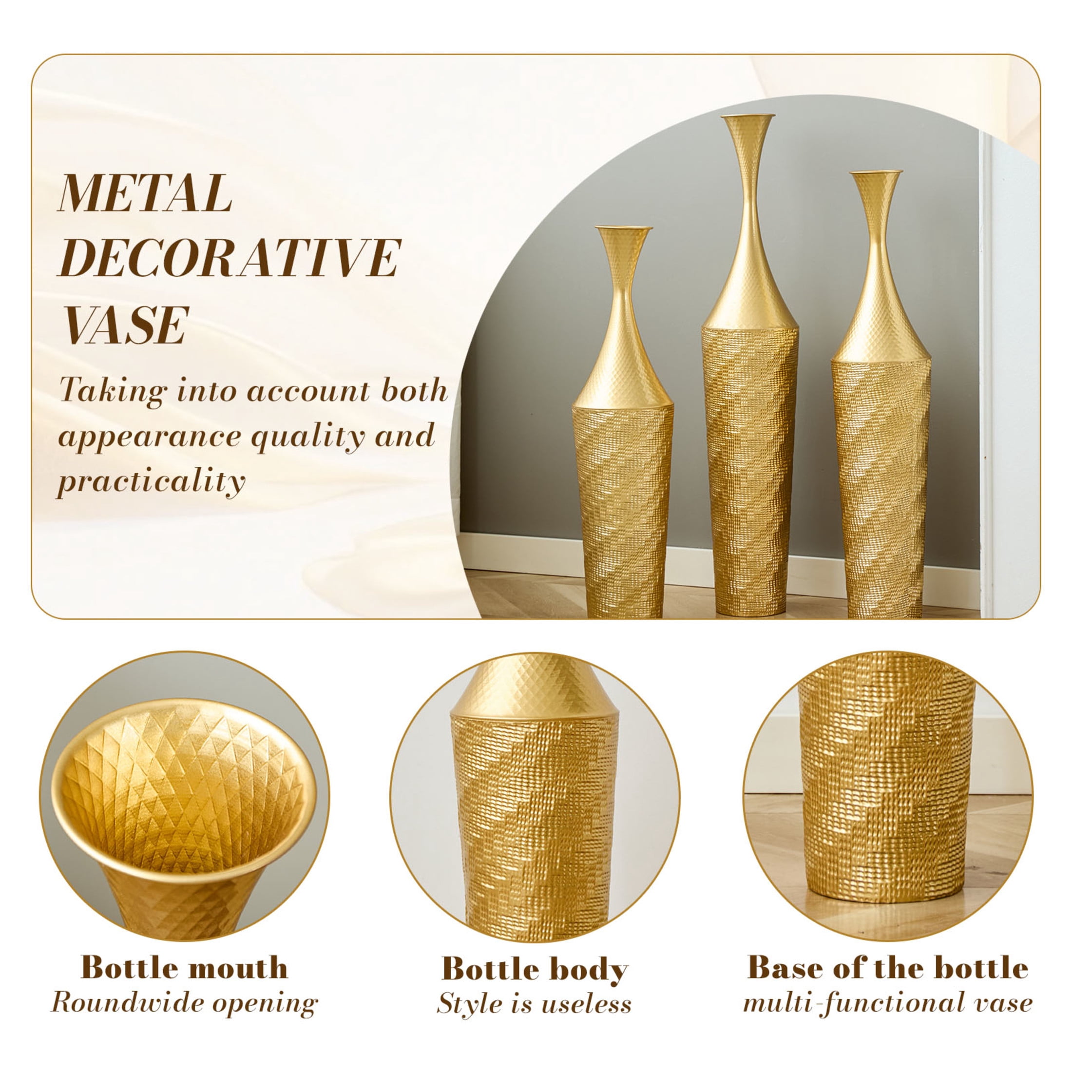 Noble House 27.56", 31.5", 35.43" Metal Floor Vase Set of 3, Textured Handcrafted Vases, Gold