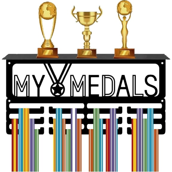 Trophy and Medal Shelf Awards Hanger Display Metal Black Word Rectangle Wall Mount Iron Athlete Rack Frame Holder Stand for Hold 60  Medals Home Sporter Athletes Medalist 15.7 x 7.9 Inch Black