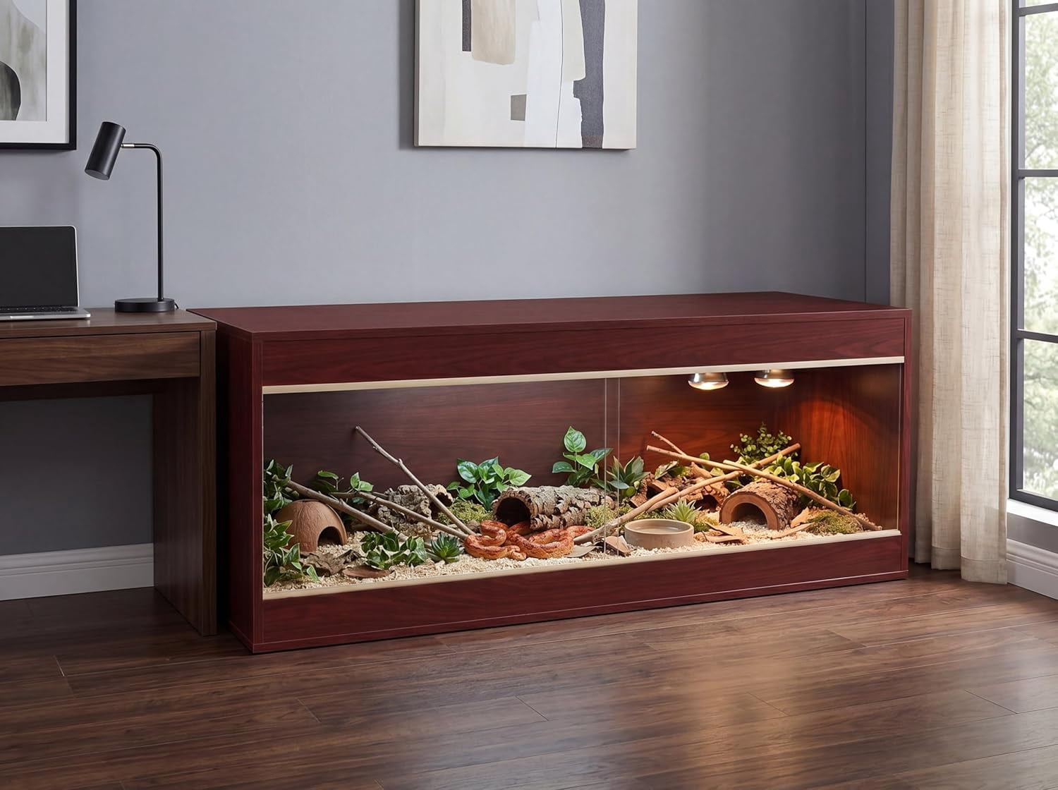 Crawl Creations 180 Gallon Reptile Enclosure, Made in USA 72" x 24" x 24" Bearded Dragon Tank with Sliding Glass Doors, Large Terrarium for Leopard Geckos, Snakes, Lizards & Tortoises - Mahogany