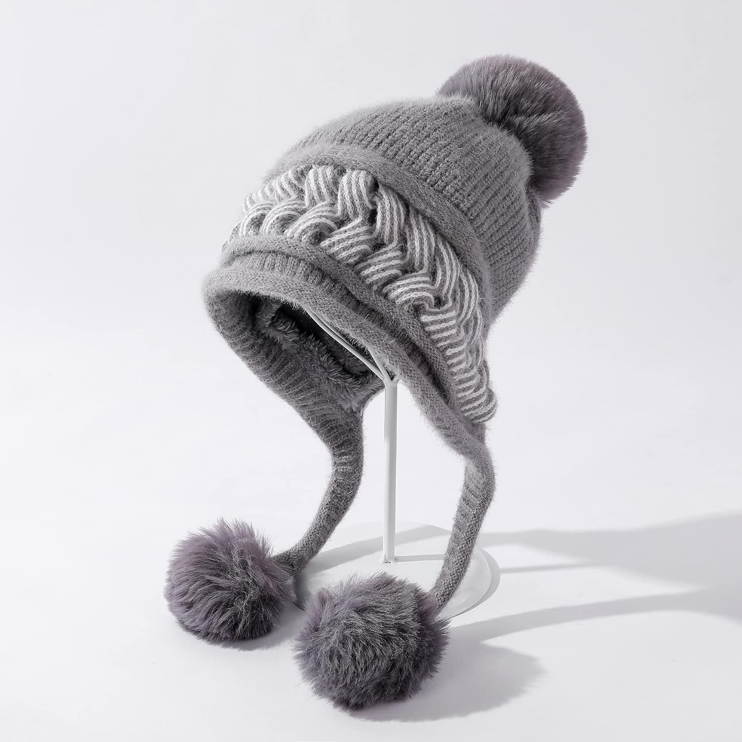 Zhengup Women Winter Peruvian Cover Ears Beanie Hat Ear Flaps Sherpa Ski Snow Hats Knit Fleece Lined 3 Pom Pom