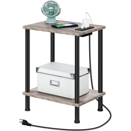 HOOBRO Side Table with Charging Station, USB Ports and Outlet, 2-Layer Storage Shelves, Compact Nightstand for Living Room Bedroom, Greige Black Finish