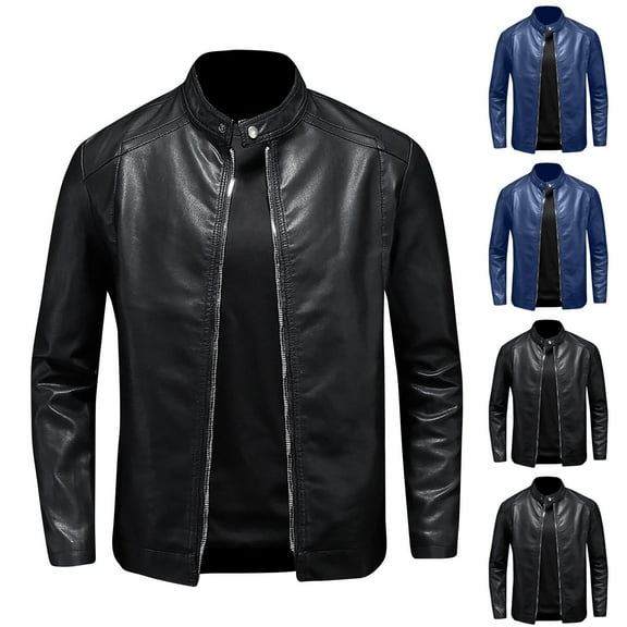 Fnooota Men's Leather Jackets, Zip up Stand-up Collar Casual Waterproof Motorcycle Jacket Black Size M-5XL