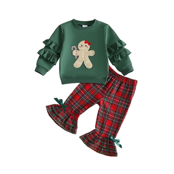 RUINIXCW Toddler Girls Christmas Outfits Gingerbread Embroidery Ruffle Long Sleeve Sweatshirt and Bow Plaid Flare Pants Set