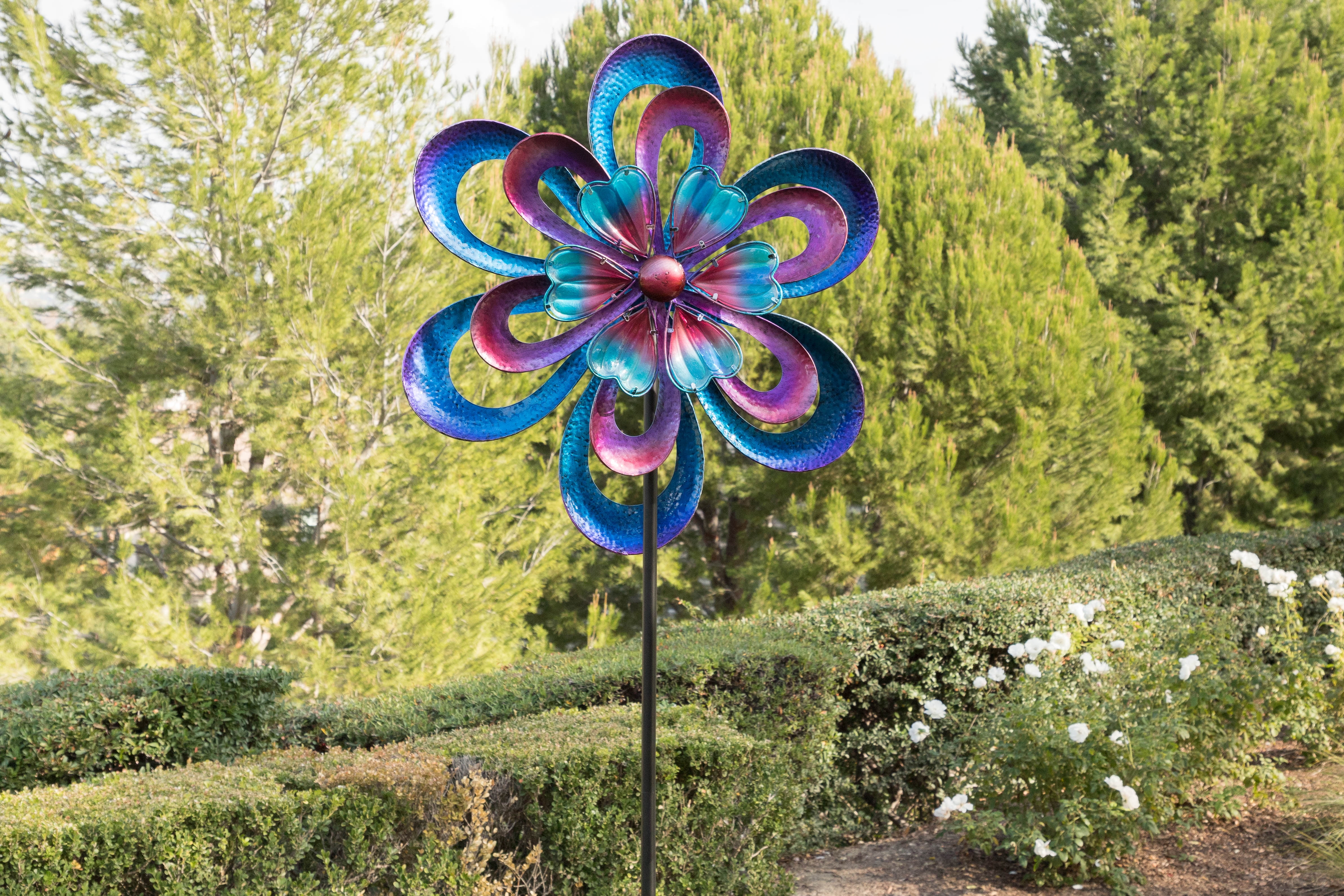 Alpine Metal Round Flower Spinning Garden Stake, 94 Inch Tall