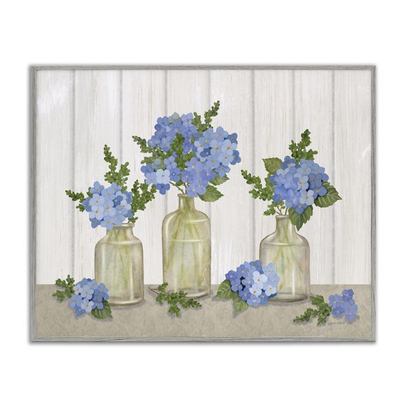 Stupell Industries Farmhouse Blue Geranium Flower Vases Gray Framed Giclee Art, 14 x 11, by Annie LaPoint