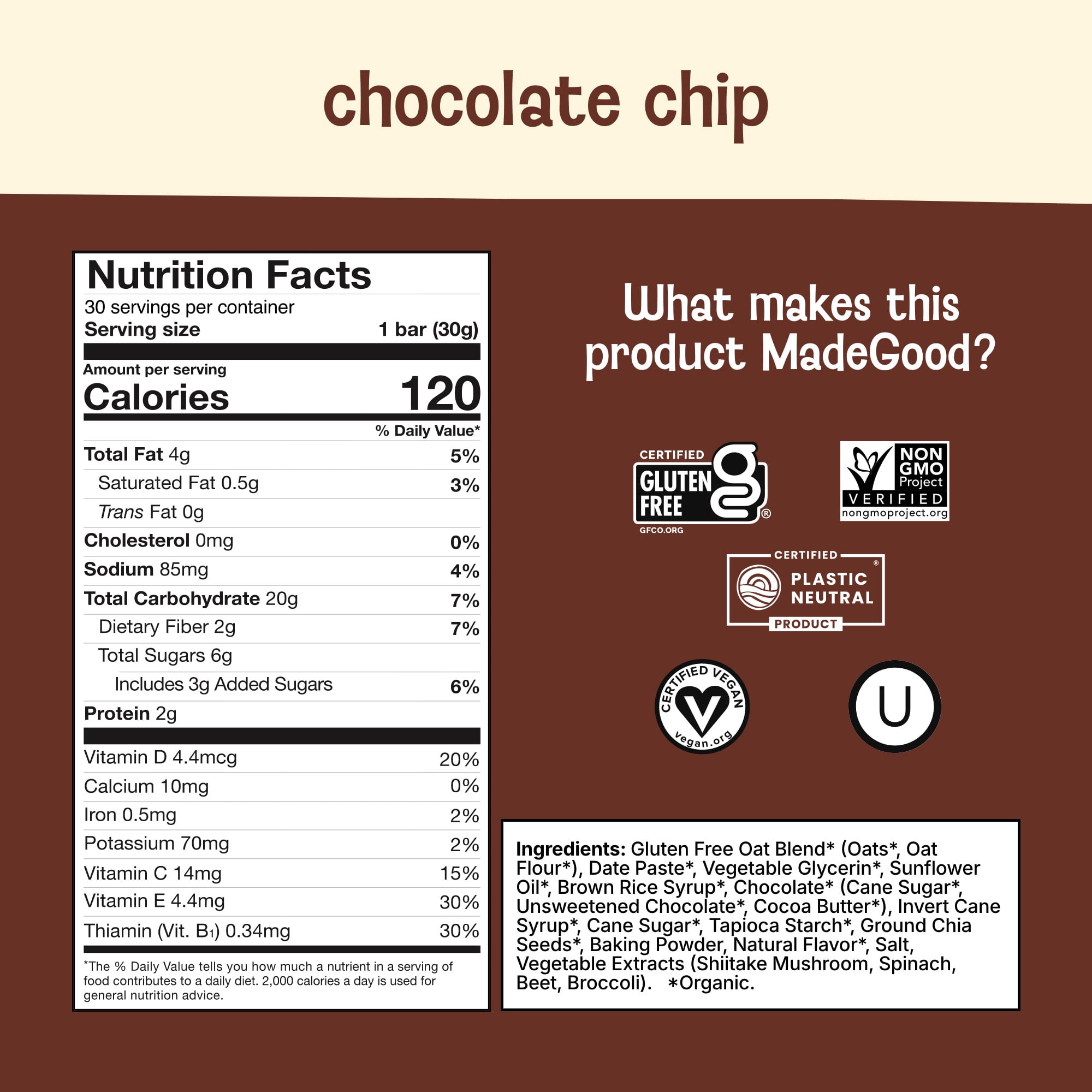 (3 pack) MadeGood Chocolate Chip Morning Bars, 5 Healthy Breakfast Bars, 1.06 Oz Each