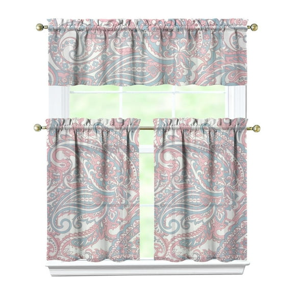 Set of 3 Floral Kitchen Curtains - Retro Ethnic Tier Window Treatment Panels with Valance, Rustic French Country Caf Curtains, Rod Pocket Design