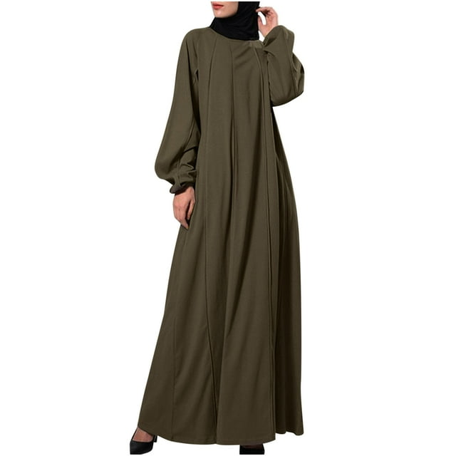 Birdeem Robe à Manches Longues avec Ceinture au Cou Robe Robe Unie Robe Vintage Élégante Évasée Caftan Mode Robe de Soirée