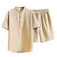 thumbnail image 2 of VBTAPA Men's Linen Shirt and Shorts Set Short Sleeve Collared T-shirt Drawstring Shorts 2 Pieces Beach Outfits Basic Solid Matching Lounge Sets Khaki XXXXXL, 2 of 5