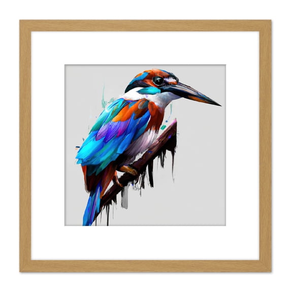 Kingfisher Bird and Branch Portrait Blue Purple Orange Acrylic Paint on White Square Wooden Framed Wall Art Print Picture 8X8 Inch