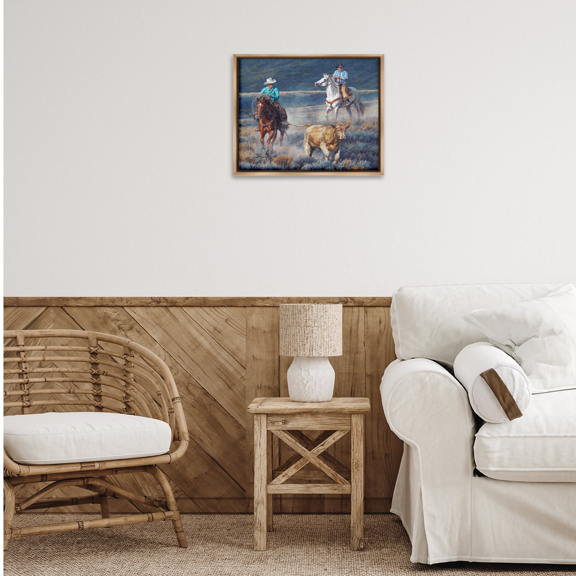 Stupell Industries The Chase Cowboys Landscape Painting Brown Floater Framed Canvas Art Print Wall Art, 21 x 17
