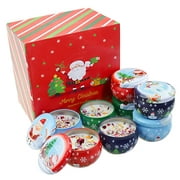 8Pcs/Set Christmas Themed Scented Candle Tinplate Box Round Candy Cookie Box Cute Candle Cups Tin Case Container Xmas Ornament Party Supplies