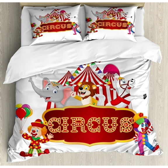 Circus Duvet Cover Set, Happy Fun Trained Circus Animals with Nostalgic Tent Carnival Party Show Art, Decorative 3 Piece Bedding Set with 2 Pillow Shams, Calking Size, Red White, by Ambesonne