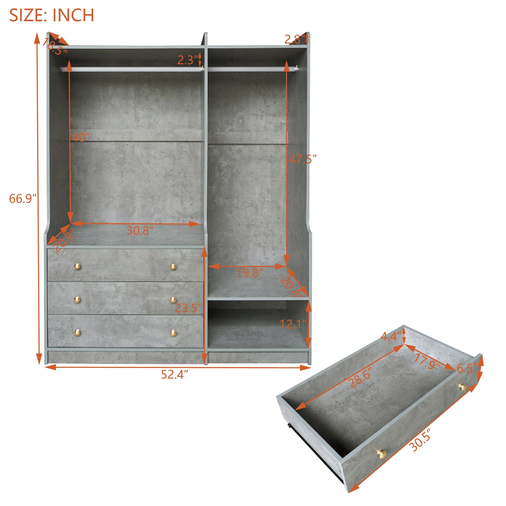 Euroco 66.9" Armoires, Open Three Tire Wardrobe with Drawers, Gray