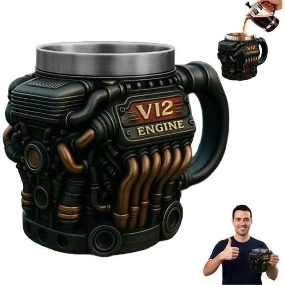Retro Engine Coffee Mug, V12 Engine Stainless Steel Coffee Mug, Resin Stainless Steel lining Cup, for Car Enthusiasts, Retro Car Lovers & Mechanics, Best choose for garage/road travel