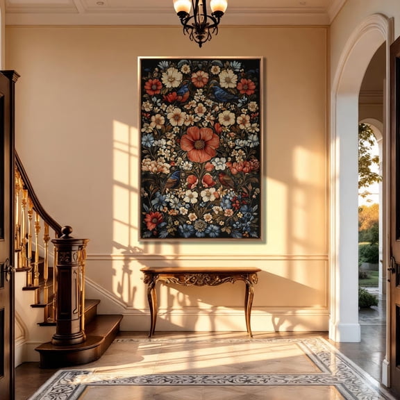 Birds In Flowers Poster: Bohemian Botanical Wall Art, Unframed Canvas Size 12x18