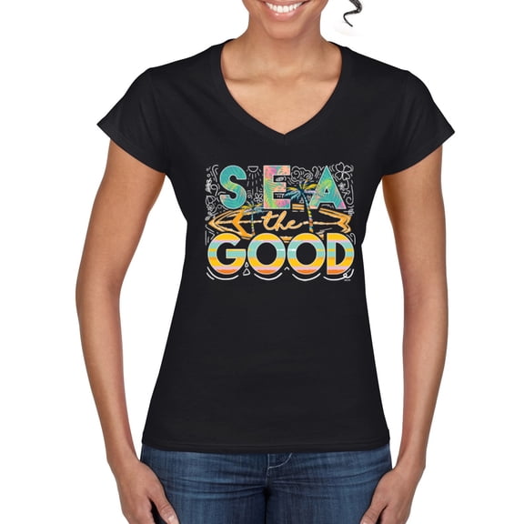 Wild Bobby Sea The Good Surfboard Sun Rise Good Vibes Nature Lover Women Standard V-Neck Tee, Black, Small