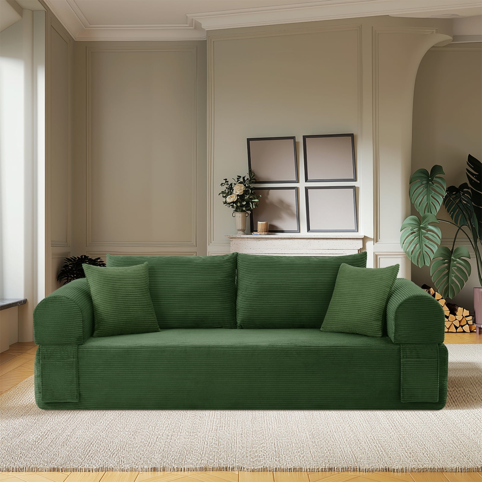 83" Seater Sofa Bed Couch with 4 Furry Pillows & Corduroy Fabric, No Assembly Sofa in a Box, Boneless Couch with Side Storage Pockets for Living Room, Bedroom, Office