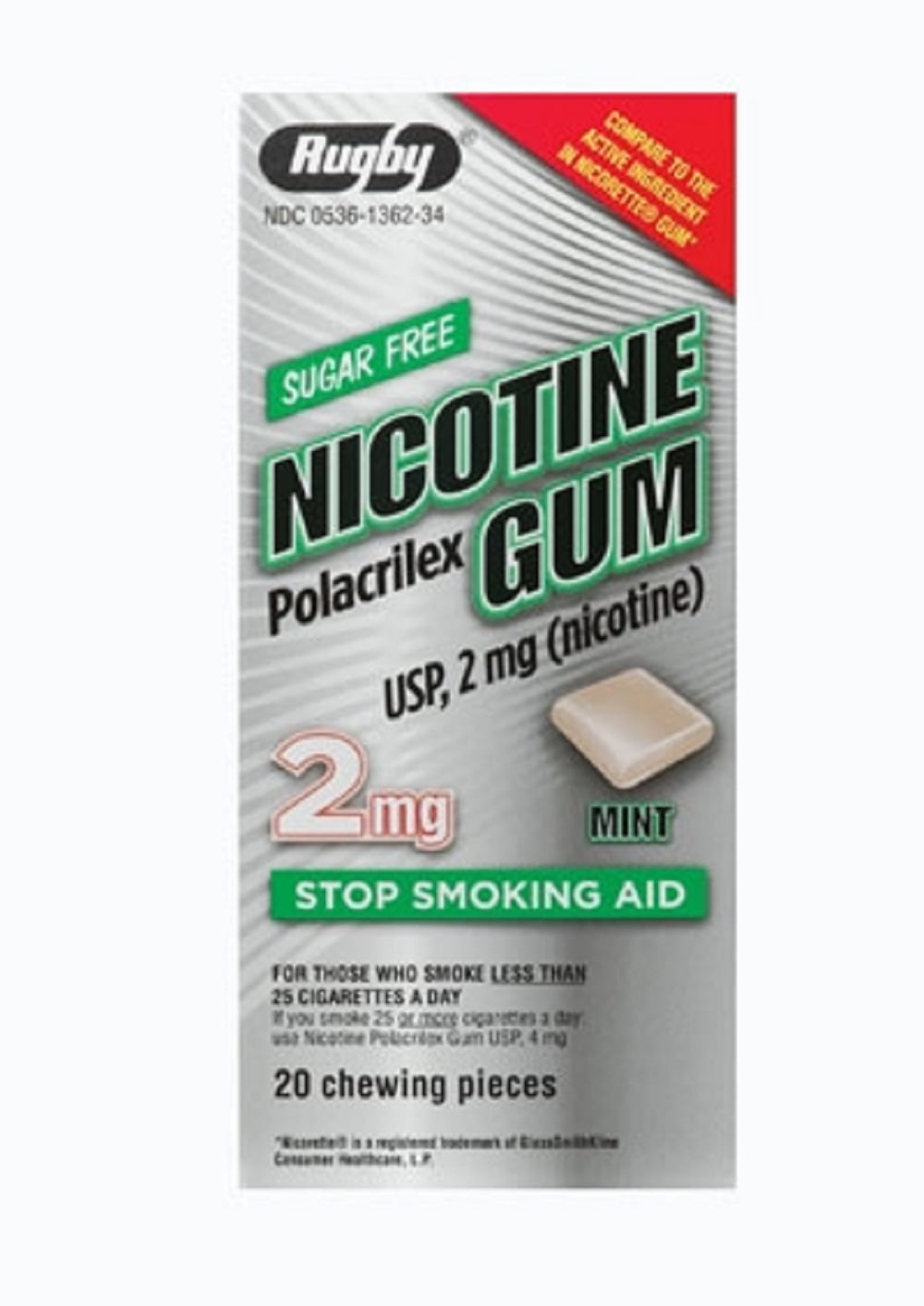 RUGBY NICOTINE 2MG MINT GUM NICOTINE POLACRILEX-2 MG off white 20 CT UPC 305361362348