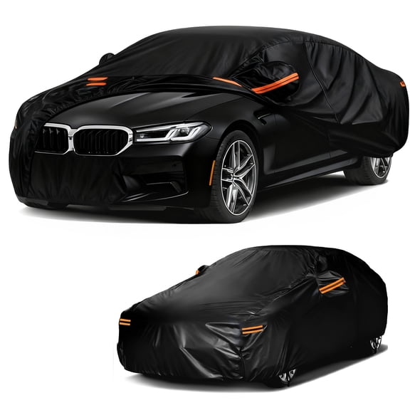 Venoro Black Full Car Cover w/ Zipper & Reflective Strips Full Size Waterproof Anti-UV
