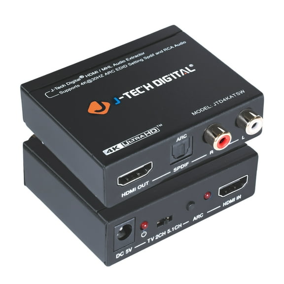 J-Tech Digital 4K HDMI to HDMI and Audio (RCA Stereo or SPDIF) Extractor Converter De-embedder | HDMI ARC to Optical [JTD4KATSW]