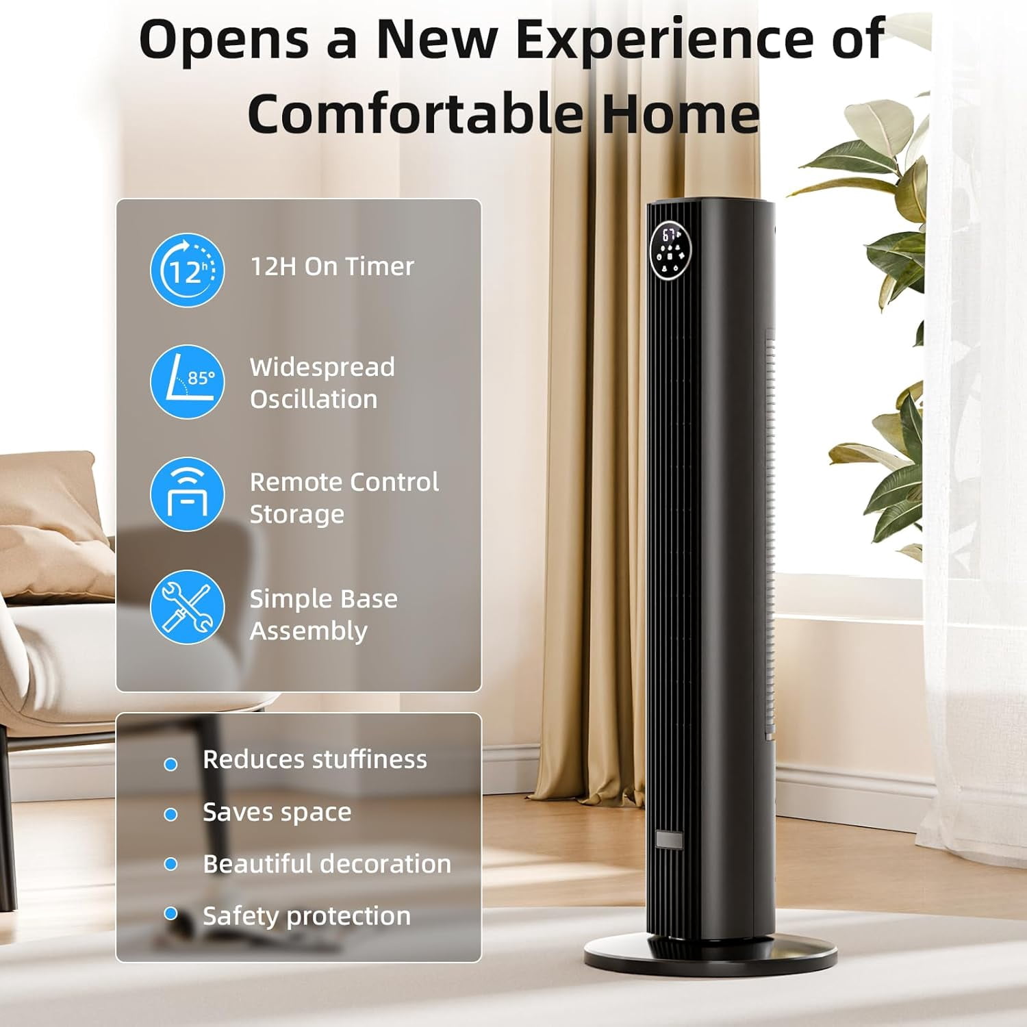 FREE VILLAGE 36 inch Tower Fan Portable Floor Fans,85°Oscillating Fan Quiet Cooling 12H Timer Remote Control Standing Bladeless Electric 3 Wind Speeds 4 Modes Bedroom Drom Office,Black