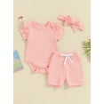 thumbnail image 2 of BABAMOON Newborn Baby Girl Summer Clothes Solid Color Short Sleeve Ruffle Romper with Shorts and Headband Outfits, 2 of 9