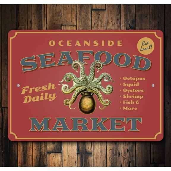 Oceanside Seafood Market Novelty Sign, Metal Wall Decor - 10x14 inches