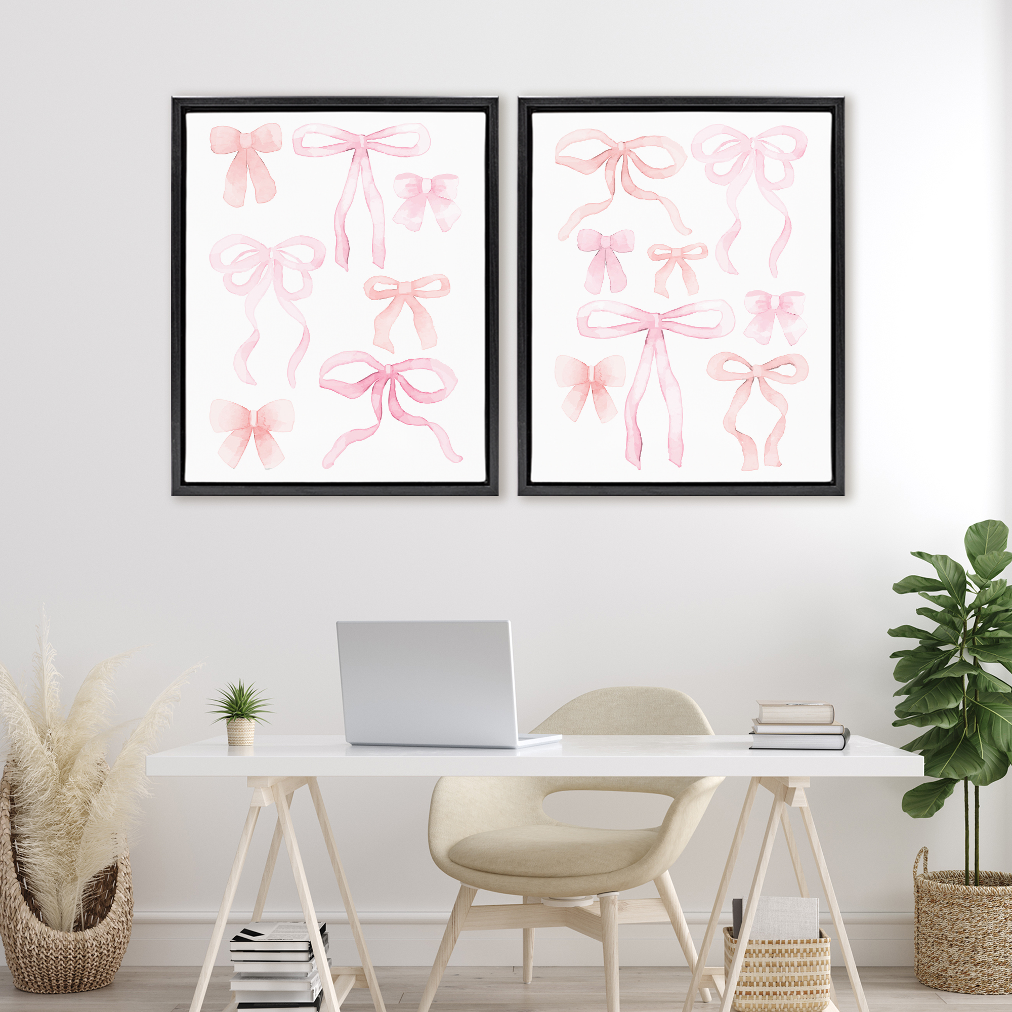 Elegant & Soft Bows 2 Piece Black Framed Floater Canvas Set, design by Kim Allen