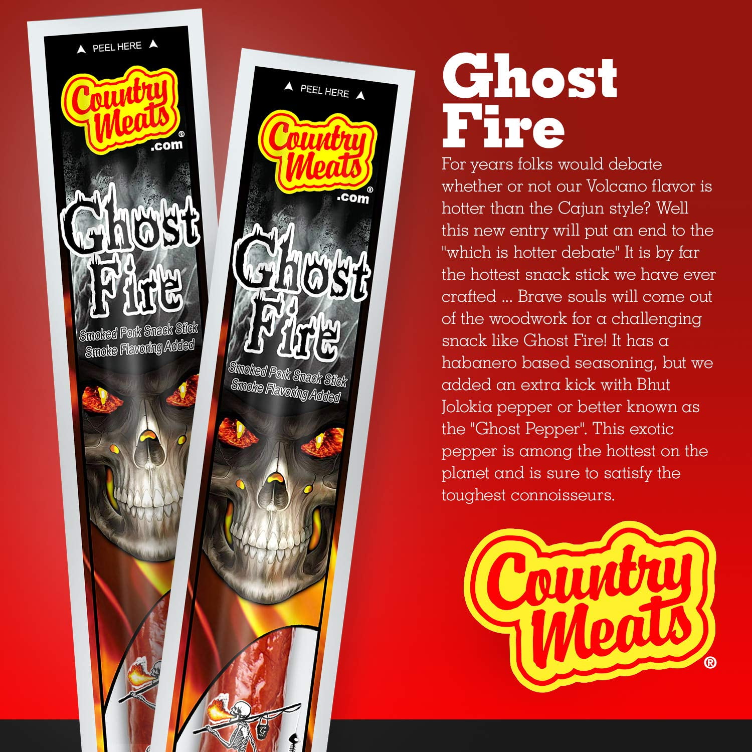 Country Meats High Protein Keto Friendly Meat Sticks (10 Sticks, Ghost Fire)